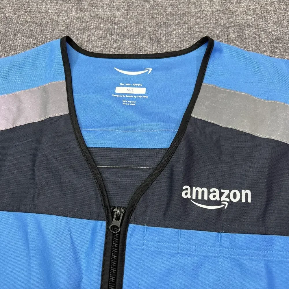 Amazon Flex Vest M/L Blue Black Reflective Zip Front Uniform Workwear Luly Yang